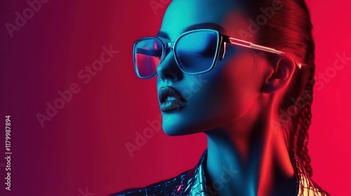 Vibrant neon portrait, woman wearing aviator sunglasses, blue and pink lighting, dramatic contrasts, 80s retro aesthetic, cyberpunk style, high fashion, close-up shot, glossy lips, intense colors, ref