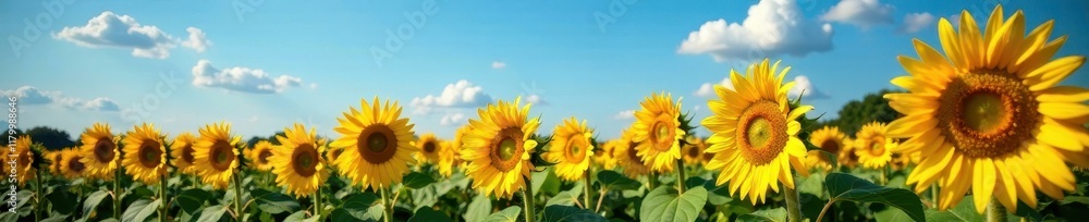 Endless rows of sunflowers bathed in sunlight under a flawless blue sky , idyllic, natural, environment Endless rows of sunflowers bathed in sunlight under a flawless blue sky , idyllic, natural, environment