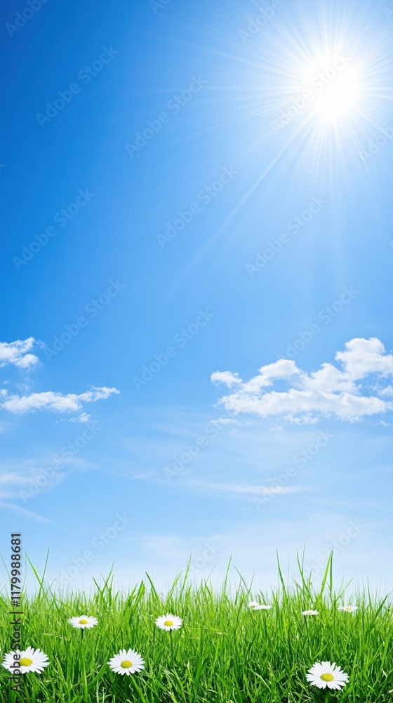Sunny Day Daisies in Lush Green Grass Bright Blue Sky Sunny Day Daisies in Lush Green Grass Bright Blue Sky