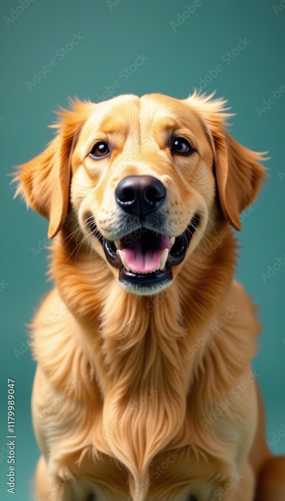Friendly golden retriever with a big smile on its face and white teeth, pets, happy dog, friendly dogs Friendly golden retriever with a big smile on its face and white teeth, pets, happy dog, friendly dogs