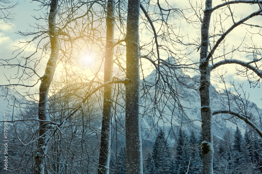 Obraz premium Winter landscape with sunset and Alpine mountains