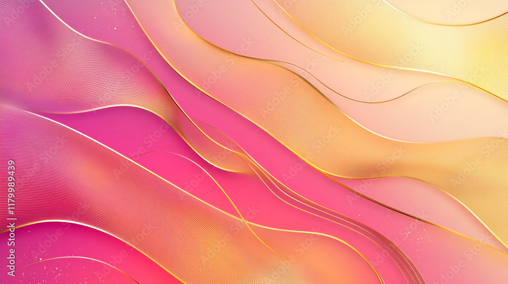 Obraz premium Romantic Blush Pink Metallic Background with Golden Curled Lines, Abstract Pink Fabric Drapes.