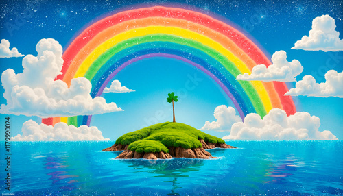 Rainbow over an island with a single tree, St. Patrick's Day theme