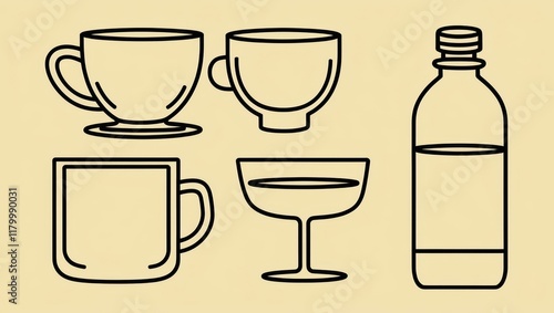 Wallpaper Mural Simple Line Art Illustrations Cups Mug Glass and Bottle Beverage Set Torontodigital.ca