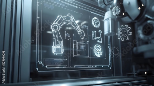 Advanced Manufacturing Blueprint with Robotic Arm and Gear Icons on Metallic Background