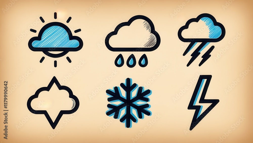 Fototapeta premium Hand drawn Weather Icons Sun Rain Snow Storm Cloud Set for App Design