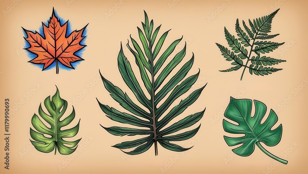 Naklejka premium Five Detailed Botanical Illustrations Maple Leaf Fern Palm Monstera and Tropical Leaf Designs