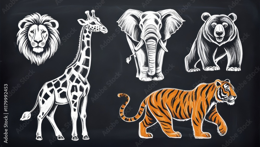 Obraz premium Chalkboard Drawing of Safari Animals Lion Giraffe Elephant Bear and Tiger