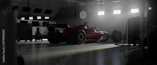 Dramatic beams of light illuminate a sleek red race car in a pitlane garage