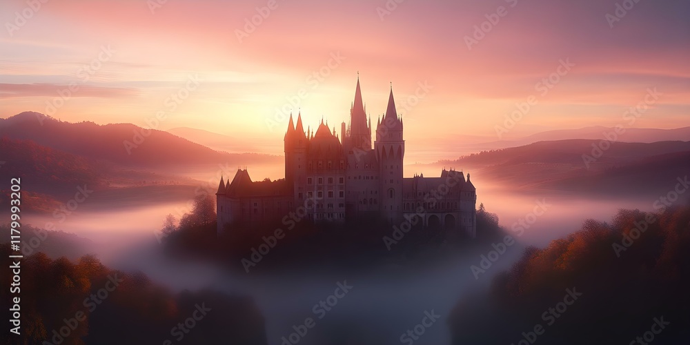 Fototapeta premium A majestic castle silhouetted against a colorful sunrise, surrounded by misty hills and forests. Concept Majestic Castle, Colorful Sunrise, Misty Hills, Enchanting Forests, Scenic Landscape