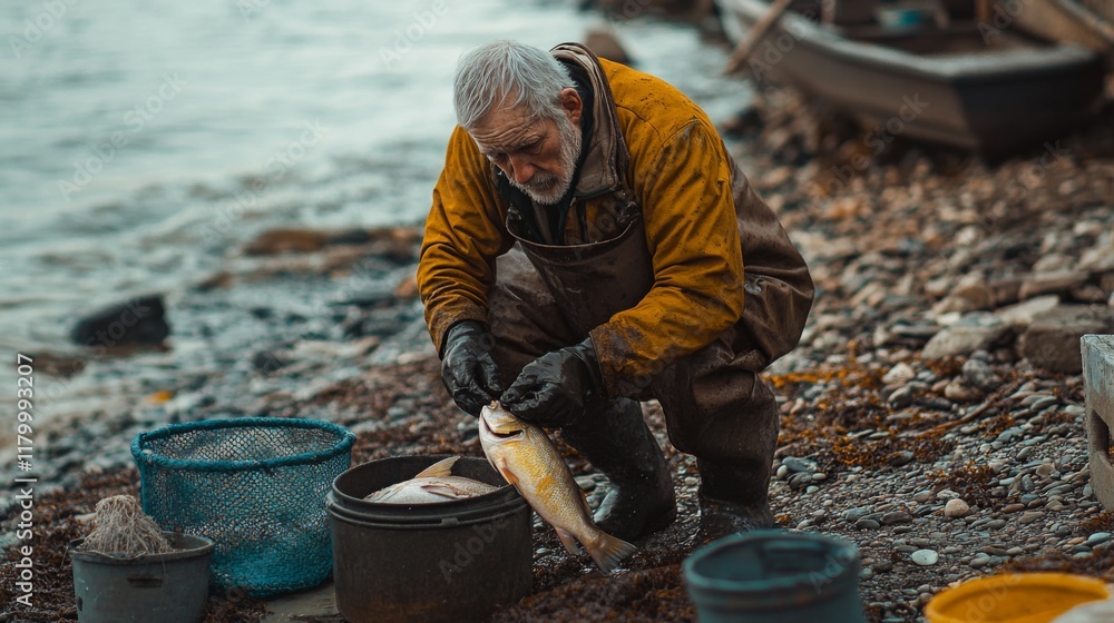 An experienced fisherman processes his catch by the shore. The calm sea serves as a backdrop. This scene depicts the life of traditional fishing. Generative AI An experienced fisherman processes his catch by the shore. The calm sea serves as a backdrop. This scene depicts the life of traditional fishing. Generative AI
