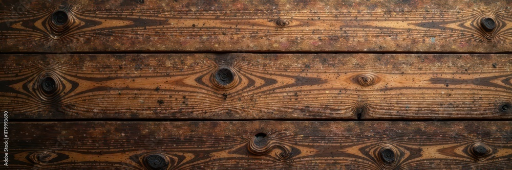 Naklejka premium Rich brown wood, heavily textured, distressed surface, close-up, wall