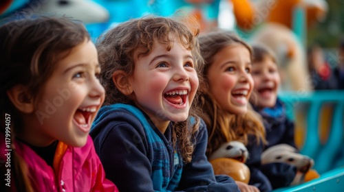 A joyful group of children laughing and enjoying a fun day at the amusement park. Their smiles capture the essence of happiness and friendship. Generative AI