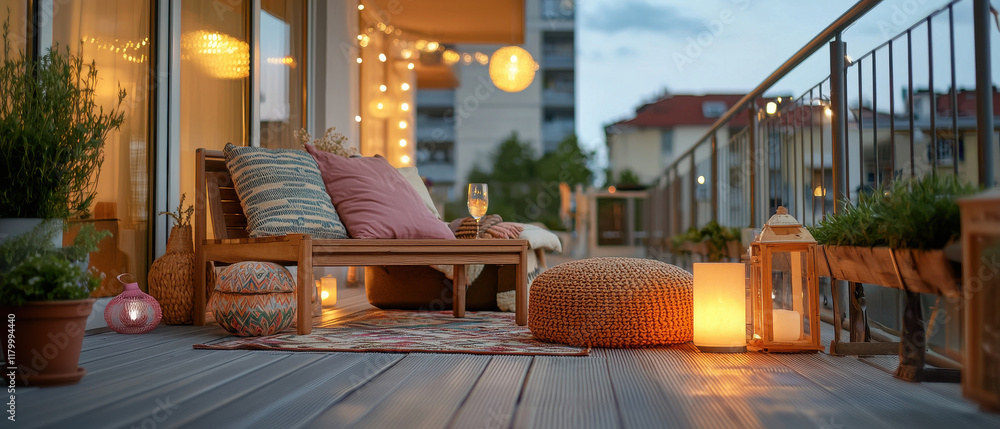 Fototapeta premium cozy balcony with soft lighting, perfect for relaxation at dusk