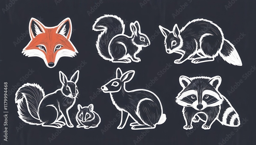 Fototapeta premium Charming Chalkboard Illustrations of Forest Animals Fox Squirrel Rabbit Raccoon Wildlife Art