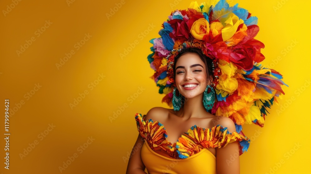 Young smiling happy woman dancing and wearing a beautiful dress and partying in the Mardi Gras or a costume festival Young smiling happy woman dancing and wearing a beautiful dress and partying in the Mardi Gras or a costume festival