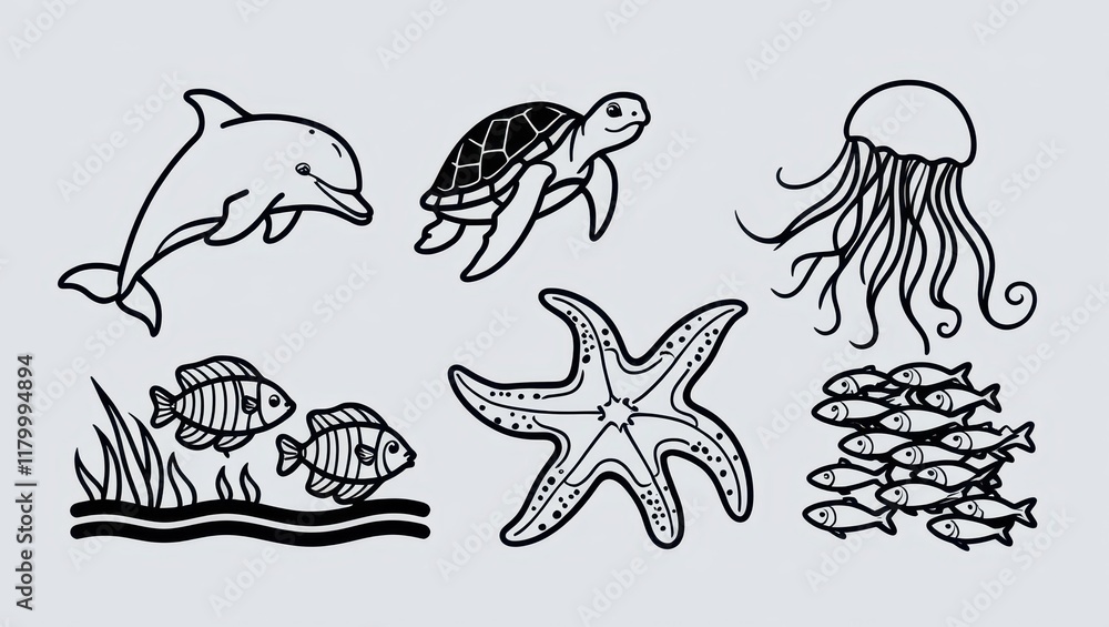 Ocean Life Cute Black and White Dolphin Turtle Starfish Jellyfish and Fish Illustration Ocean Life Cute Black and White Dolphin Turtle Starfish Jellyfish and Fish Illustration