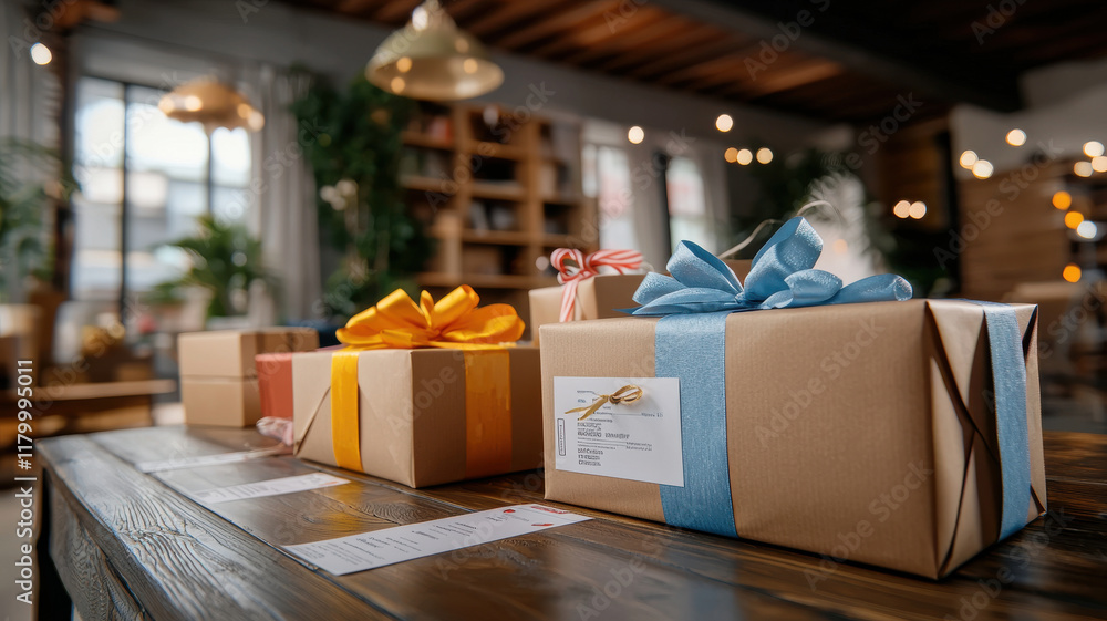 Neatly packed gift boxes with colorful ribbons in cozy setting
