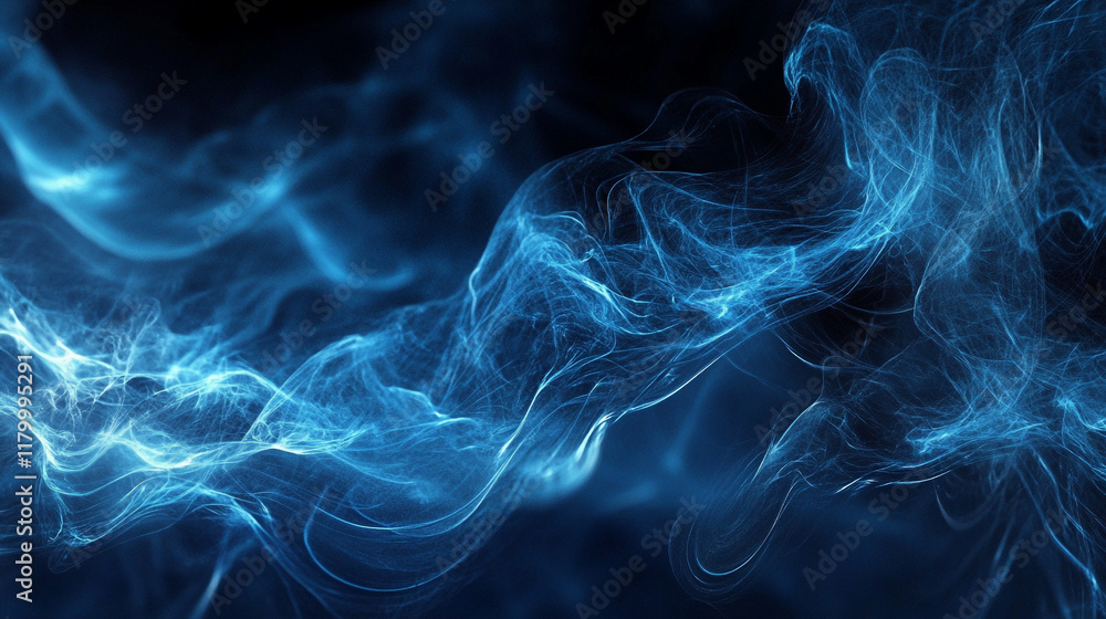 Fototapeta premium Ethereal Blue Smoke Abstract Background for Artistic Design, Abstract blue smoke swirls and clouds on a black background.