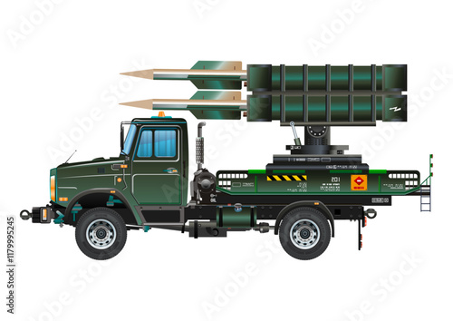 Missile vehicle military weapon rocket launcher truck 3D vector illustration