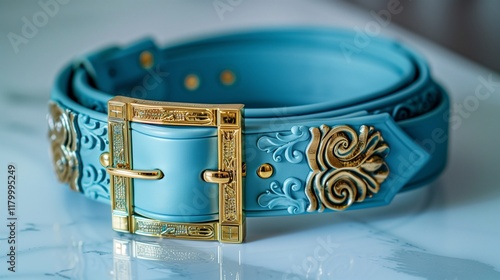 A luxury deep turquoise designer belt with intricate gold buckles, resting on a clean white marble surface. photo