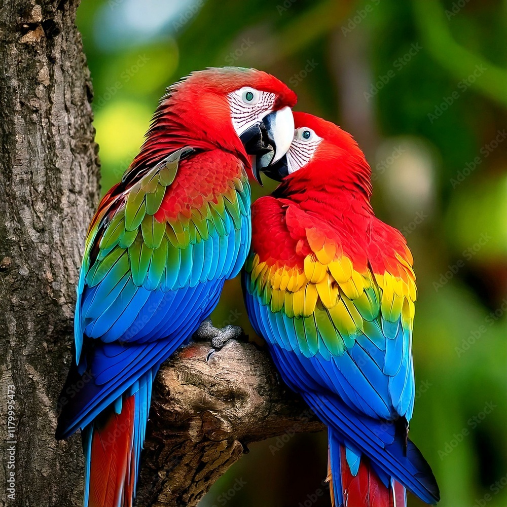 Fototapeta premium A pair of colorful parrots sitting on a tree