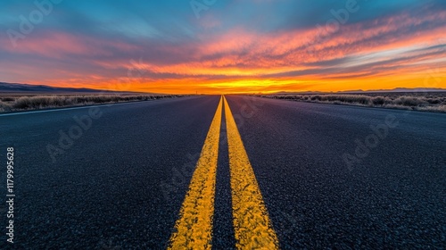 Open Road Sunset: Vibrant Sky, Asphalt Highway, and Golden Lines photo