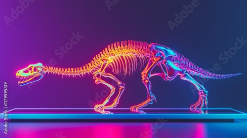 Fototapeta Naklejka Na Ścianę i Meble -  A vibrant, glowing dinosaur skeleton captured in neon hues. This artistic representation blends science and imagination beautifully. A fascinating visual journey. Generative AI