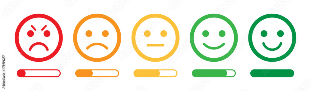 Obraz premium Rating emoji set with progress bar bad to good feeling indicator for customer feedback in stroke style. Feedback or rating scale with smiley icon set.