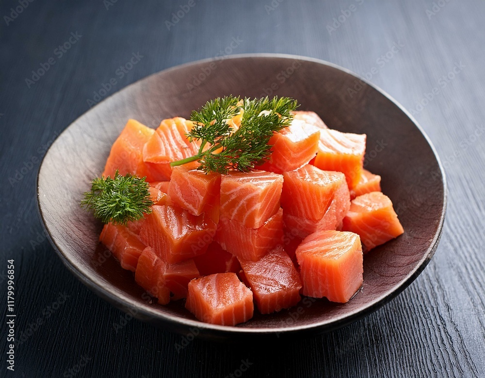 cubes de saumon frais dans une assiette avec des herbes pour recette en ia cubes de saumon frais dans une assiette avec des herbes pour recette en ia