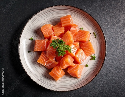 cubes de saumon frais dans une assiette avec des herbes pour recette en ia photo