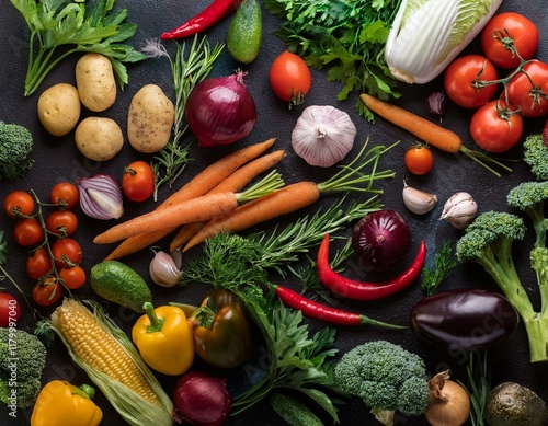 table chargée de légumes vu du dessus, produits frais et épices en ia photo