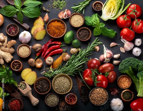 table chargée de légumes vu du dessus, produits frais et épices en ia photo