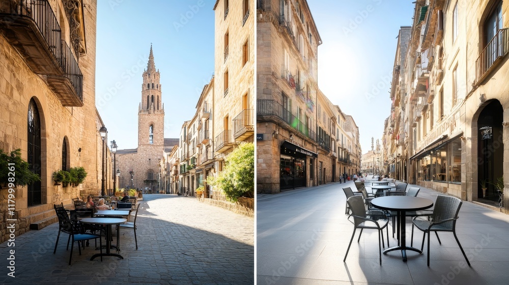 Obraz premium Scenic European Village Street with Sunlit Buildings, Charming Outdoor Dining Areas, and Historical Architecture, Ideal for Travel and Culture Themes