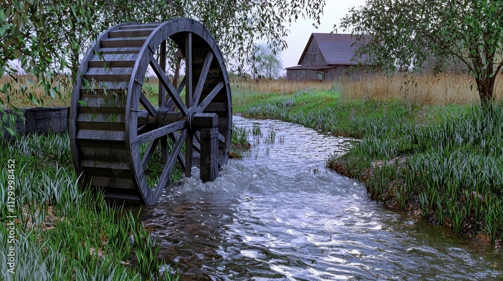 Waterwheel beside a stream with a rustic house in the background. Waterwheel beside a stream with a rustic house in the background.