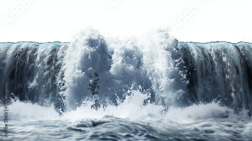 A thunderous waterfall with churning white water, isolated on a white background. photo