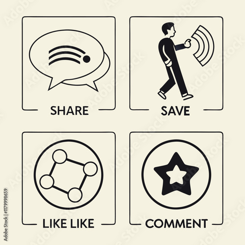 Share, save, like and comment icon. Social media icons set like share comment love repost admin user silhouette flat line art symbols