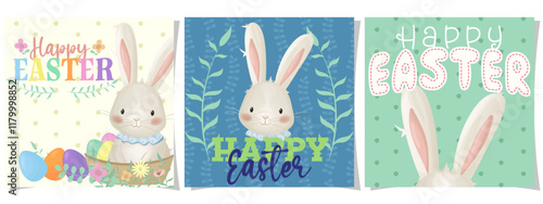 set of three cute cards with Easter bunny and eggs in pastel colors