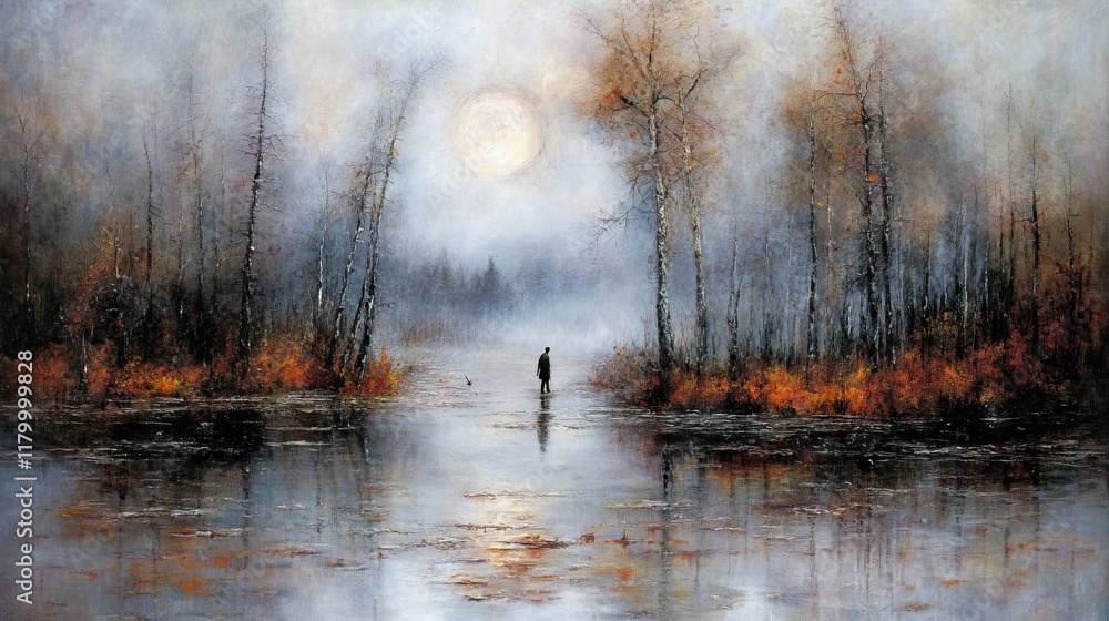 Fototapeta premium Foggy forest scene with lone figure.