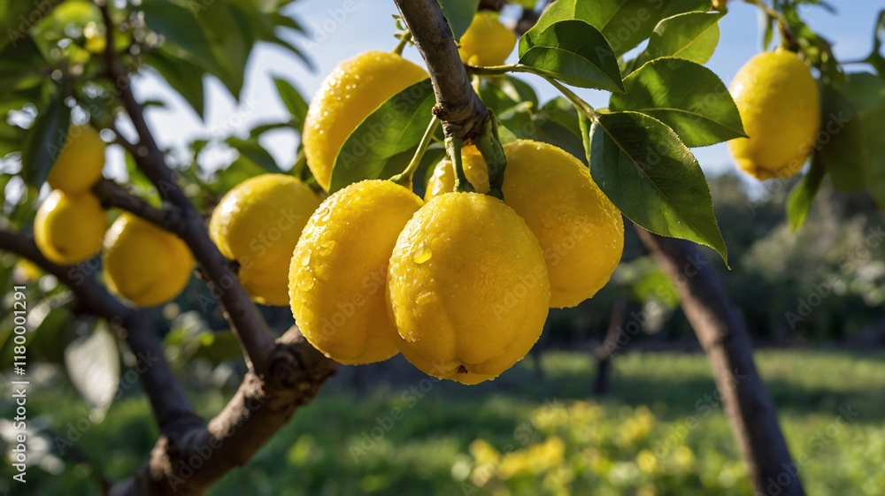 Ripe fresh lemons on lemon plantation in Sicily ready for harvesting. Ripe lemons growing on tree. Fruit picking in garden Ripe fresh lemons on lemon plantation in Sicily ready for harvesting. Ripe lemons growing on tree. Fruit picking in garden