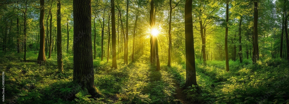 Fototapeta premium Sunlit Forest: A Panoramic View of Lush Greenery and Golden Light