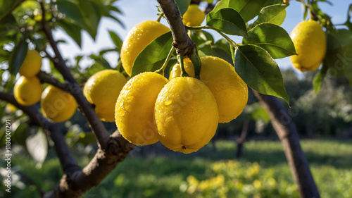 Ripe fresh lemons on lemon plantation in Sicily ready for harvesting. Ripe lemons growing on tree. Fruit picking in garden