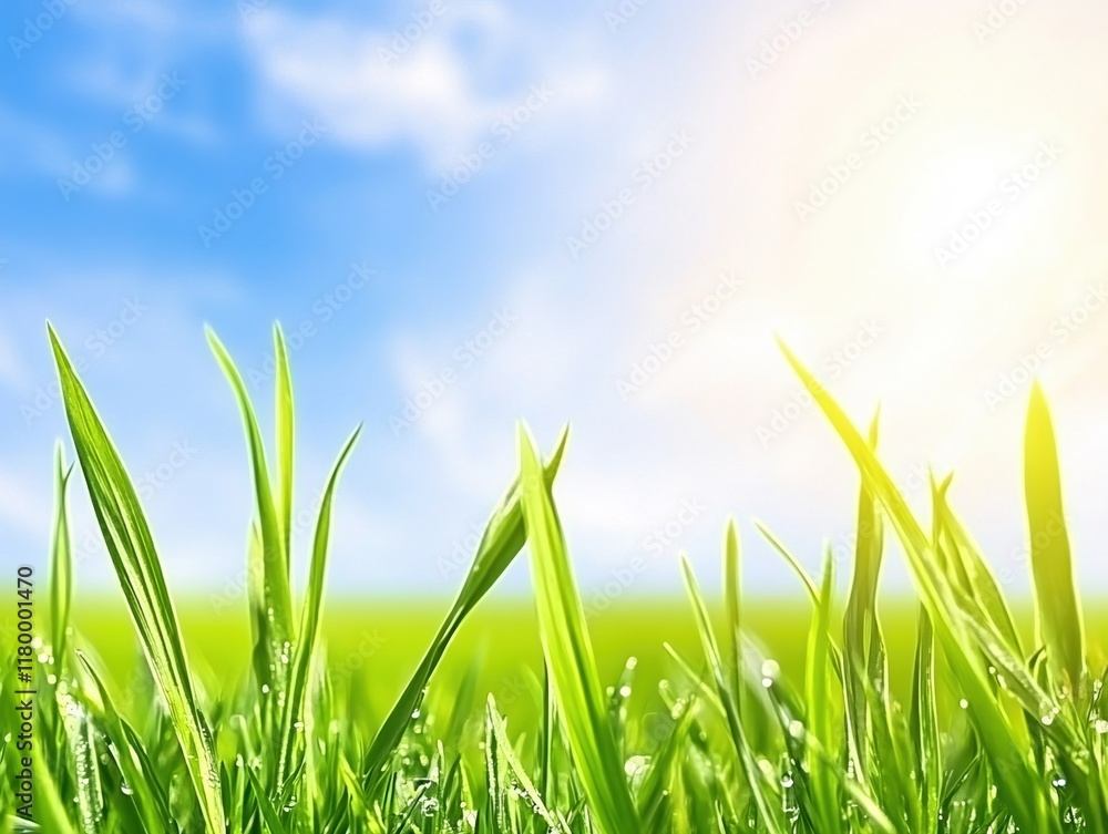 Obraz premium Vibrant Green Grass Blades Under Sunny Sky Fresh Spring Nature