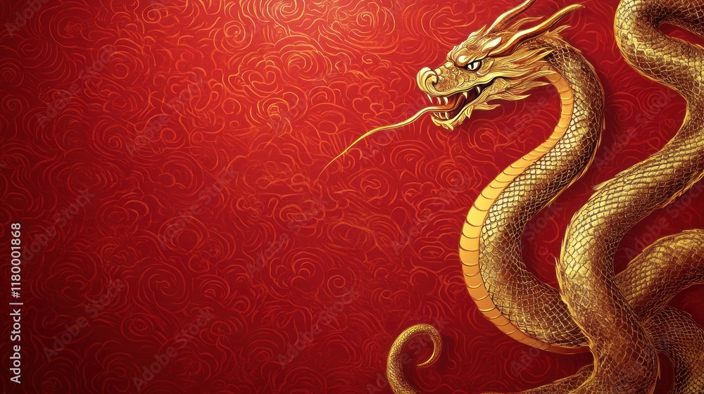 Golden Dragon Coiling, Red Background, Asian Design, Festive Card Golden Dragon Coiling, Red Background, Asian Design, Festive Card