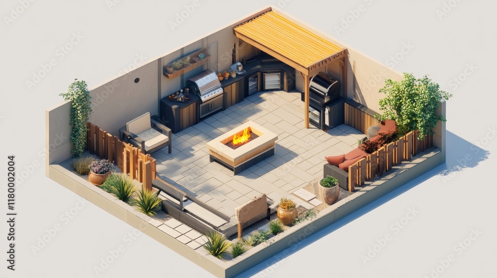 3D design and rendering of a backyard patio with outdoor kitchen, seating area, BBQ area, fire pit a 3D design and rendering of a backyard patio with outdoor kitchen, seating area, BBQ area, fire pit a