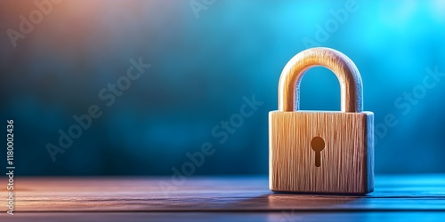 A metallic padlock sits on a wooden surface with a blurred blue background, symbolizing security and protection. Concept Metallic Padlock, Wooden Surface, Blurred Background, Security Symbol photo