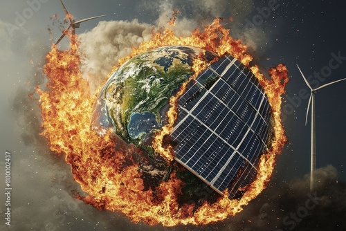 Conceptual representation of climate change with a burning Earth, encased in solar panels, surrounded by wind turbines, highlighting the urgent need for renewable energy solutions photo