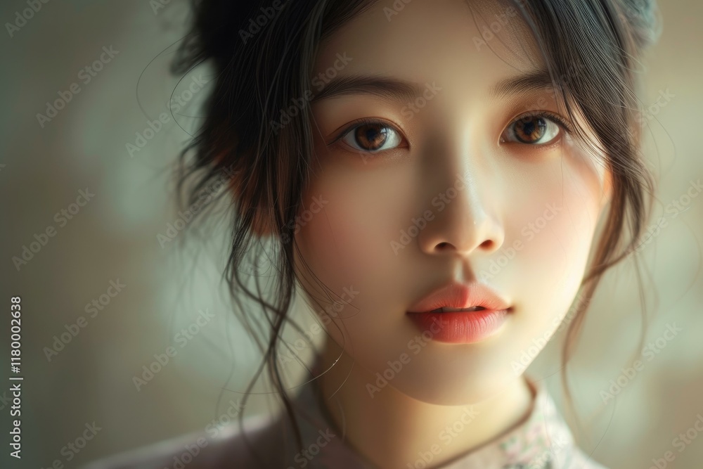 Close-up portrait of a young woman with a gentle expression and soft natural lighting Close-up portrait of a young woman with a gentle expression and soft natural lighting