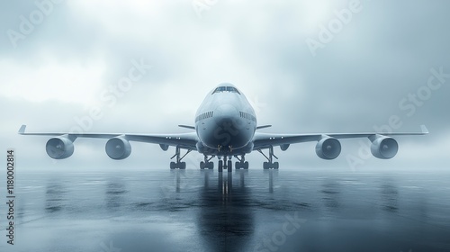 Large passenger jet on runway in fog. (1) photo