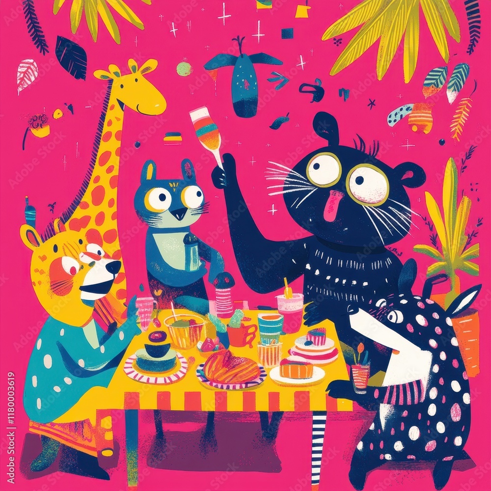 Naklejka premium Whimsical Animal Friends Enjoying A Festive Meal Together